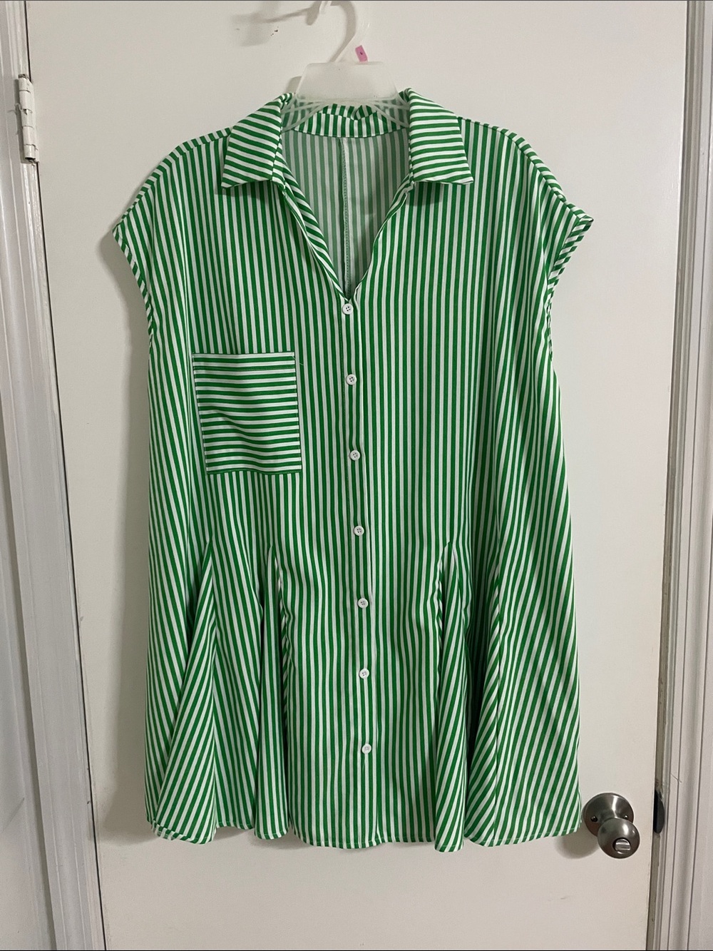 SHEIN Green and White Striped Button-Front Mini Dress